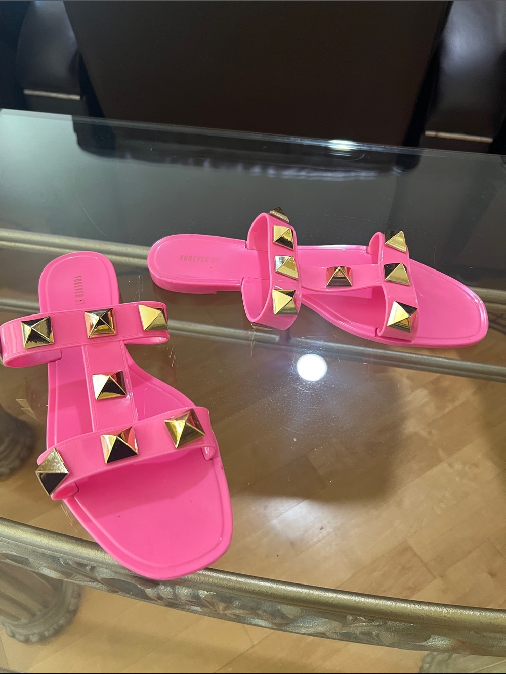 Forever 21 Hot Pink Double-Strap Slide Sandals with Gold Studs - Picture 2 of 6
